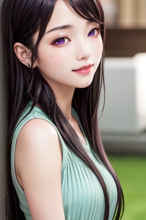 masterpiece, best quality, high definition, 
Kaori Houjou, solo, (purple eyes:1.1), (black hair:1.2), long hair, green blouse, green knee-length skirt, (elegant, feminine, sophisticated), (cute girl), gorgeous face, gorgeous eyes, detailed face, detailed hands, smile, photorealistic, (asian face:1.2)