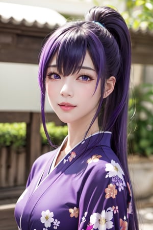 masterpiece, best quality, Busujima Saeko, high definition, solo, (purple eyes:1.3), (purple hair:1.1), (Simply Straight Pony Hair:1.2), (hime kimono1.2), (formal kimono:1.2), (tailored kimono and yukata), (elegant, feminine, sophisticated), (beautiful girl), gorgeous face, gorgeous eyes, detailed face, detailed hands, smile, photorealistic, (asian face:1.2), ,busujima_saeko