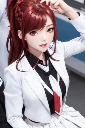 kaede kazama, long hair, bangs, (red eyes:1.3), ponytail, braid, sidelocks, red hair, smile, huge breasts, (joy:1.3)
BREAK (white skirt:1.3), long sleeves, school uniform, necktie, collared shirt, uniform, (black shirt:1.4), (white suit:1.4), blue necktie, (blue tie:1.2)
BREAK indoors, classroom,
BREAK looking at viewer, (cowboy shot:1.3), close-up
BREAK (masterpiece:1.2), best quality, high resolution, unity 8k wallpaper, (illustration:0.8), (beautiful detailed eyes:1.4), extremely detailed face, perfect lighting