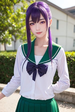 masterpiece, best quality, Busujima Saeko, high definition, solo, (purple eyes:1.3), (purple hair:1.1), (Simply Straight Pony Hair:1.2), (elegant, feminine, sophisticated), (beautiful girl), gorgeous face, gorgeous eyes, detailed face, detailed hands, smile, photorealistic, (asian face:1.2), (school uniform sailor suit, white-green shirt, green knee-length skirt)