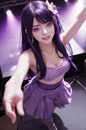 masterpiece, best quality, Hoshino Ai, (purple eyes:1.1), (purple hair:1.2), Hoshino Ai, long hair, smile, joy, music scene, singer performing on stage, dance, from above, looking at viewer, richly decorated outfit, luxurious outfit, hoshino ai,1girl