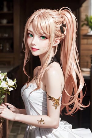 Lexia Von Alceria, Lexia Vaughn Arcelia, long hair, Blonde hair, (green eyes:1.5), ponytail, sweet smile, medium breast, noble atmosphere, Aristocratic dress, dress, bare shoulders, cut off sleeves, White dress, looking at viewer, Whole body, (masterpiece:1.2), Best quality, a high resolution, unity 8k wallpaper, (illustration:0.8), (Beautiful detailed eyes:1.6), very detailed face, 