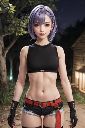 outdoors, night, forrest,1girl, Luna, medium breasts, looking at the viewer, blue eyes, purple hair, braid, black sports bra, thighhighs, belt, navel, short shorts, fingerless gloves (masterpiece:1.2), Best quality, a high resolution, unity 8k wallpaper, (illustration:0.8), (Beautiful detailed eyes:1.6), very detailed face, athletic figure, pronounced abs