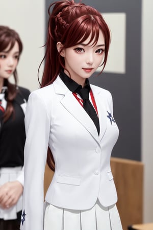 kaede kazama, long hair, bangs, (red eyes:1.3), ponytail, braid, sidelocks, red hair, smile, huge breasts, (joy:1.3)
BREAK (white skirt:1.3), long sleeves, school uniform, necktie, collared shirt, uniform, (black shirt:1.5), (white suit:1.5), blue necktie, (blue tie:1.2)
BREAK indoors, classroom,
BREAK looking at viewer, (cowboy shot:1.5), close-up
BREAK (masterpiece:1.2), best quality, high resolution, unity 8k wallpaper, (illustration:0.8), (beautiful detailed eyes:1.6), extremely detailed face, perfect lighting