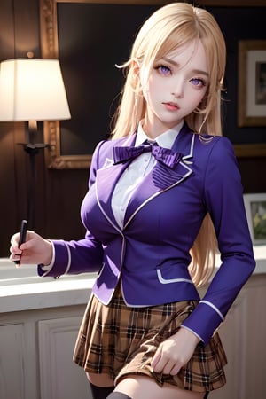 Nakiri Erina, tall body, tall, long legs, mature female, mature, adult, solo, long hair, breasts, looking at viewer, big breasts, upper body, hair between eyes, blond hair, buttons, (masterpiece:1.2), Best quality, a high resolution, unity 8k wallpaper, illustration, (Beautiful detailed purple eyes:1.3), shows a radiant smile, fascinating lighting game, red bow, striped bow,blazer, blue jacket, long sleeves,plaid skirt, brown skirt,black thighhighs