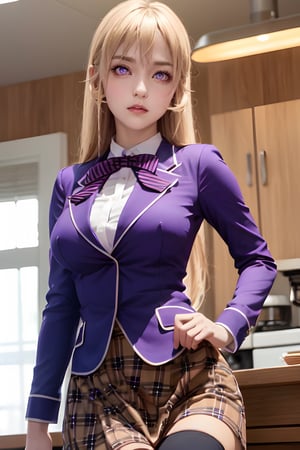 Nakiri Erina, tall body, tall, long legs, mature female, mature, adult, solo, long hair, breasts, looking at viewer, big breasts, upper body, hair between eyes, blond hair, buttons, (masterpiece:1.2), Best quality, a high resolution, unity 8k wallpaper, illustration, (Beautiful detailed purple eyes:1.3), shows a radiant smile, fascinating lighting game, red bow, striped bow,blazer, blue jacket, long sleeves,plaid skirt, brown skirt,black thighhighs