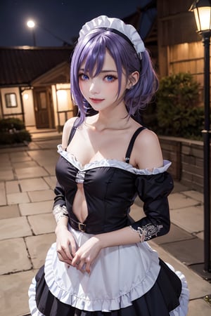 outdoors, night, forrest,1girl, Luna, medium breasts, looking at the viewer, blue eyes, purple hair, maid_costume, (masterpiece:1.2), Best quality, a high resolution, unity 8k wallpaper, (illustration:0.8), (Beautiful detailed eyes:1.6), very detailed face, athletic figure, pronounced abs, maid
