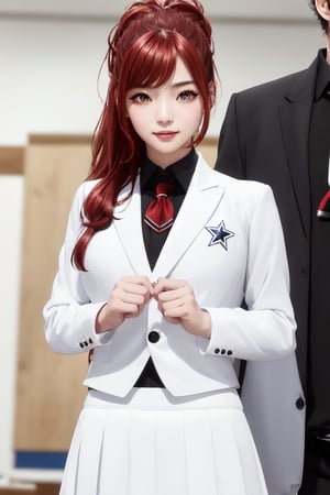 kaede kazama, long hair, bangs, (red eyes:1.3), ponytail, braid, sidelocks, red hair, smile, huge breasts, (joy:1.3)
BREAK (white skirt:1.3), long sleeves, school uniform, necktie, collared shirt, uniform, (black shirt:1.5), (white suit:1.5), blue necktie, (blue tie:1.2)
BREAK indoors, classroom,
BREAK looking at viewer, (cowboy shot:1.5), close-up
BREAK (masterpiece:1.2), best quality, high resolution, unity 8k wallpaper, (illustration:0.8), (beautiful detailed eyes:1.6), extremely detailed face, perfect lighting