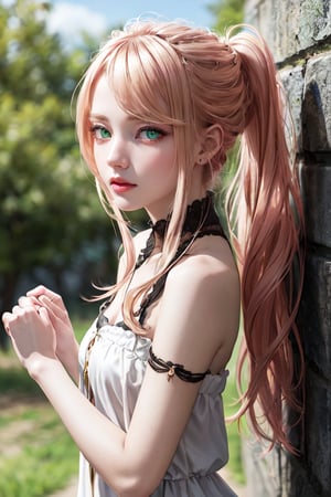 Lexia Von Alceria, Lexia Vaughn Arcelia, Lexia Arcelia, long hair, Blonde hair, (green eyes:1.5), ponytail, Pink hair, BREAK noble atmosphere, Aristocratic dress, dress, bare shoulders, cut off sleeves, White dress, BREAK looking at viewer, Whole body, BREAK outdoors, the forest, nature, BREAK (masterpiece:1.2), Best quality, a high resolution, unity 8k wallpaper, (illustration:0.8), (Beautiful detailed eyes:1.6), very detailed face, perfect lighting, extremely detailed computer graphics, (perfect hands, Ideal Anatomy)