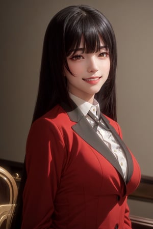 full body shot,  (masterpiece,  best quality),  (finely detailed beautiful eyes: 1.2),  (extremely detailed CG unity 8k wallpaper,  masterpiece,  ultra-detailed,  best shadow),  (detailed background),  (beautiful detailed face,  beautiful detailed eyes),  High contrast,  (best illumination,  an extremely delicate and beautiful),  dynamic angle,  beautiful detailed glow,  official art,  ultra detailed,  beautiful and aesthetic,  masterpiece,  best quality,  realistic,  nsfw, pikkyyumeko, 1girl, solo, looking at viewer, black hair, bangs, blunt bangs, long hair, very long hair, hime cut, red eyes, glowing eyes, breasts, large breasts, school uniform, shirt, red jacket, jacket, white shirt, collared shirt, lips, blazer, (smile:1.5)