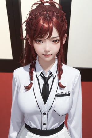 kaede kazama, long hair, bangs, (red eyes:1.3), ponytail, braid, sidelocks, red hair, smile, huge breasts, (joy:1.3)
BREAK (white skirt:1.3), long sleeves, school uniform, necktie, collared shirt, uniform, (black shirt:1.4), (white suit:1.4), blue necktie, (blue tie:1.2)
BREAK indoors, classroom,
BREAK looking at viewer, (cowboy shot:1.3), close-up
BREAK (masterpiece:1.2), best quality, high resolution, unity 8k wallpaper, (illustration:0.8), (beautiful detailed eyes:1.4), extremely detailed face, perfect lighting