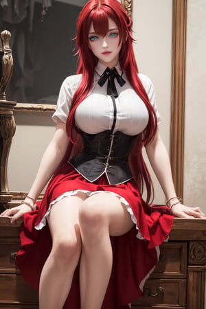 girl, long hair, (blue eyes:1.2), (voluminous red hair:1.2), masterpiece, beautiful detailed eyes, beautiful detailed lips, large breasts, rias gremory, red skirt, white shirt, black corset, (beautiful detailed long red hair:1.2), (smile:1.2), Nice legs and hot body