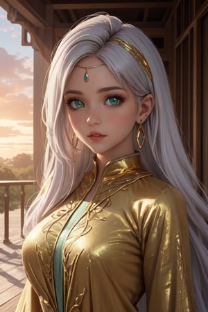  4K UHD, upscaled professional photo, stunningly beautiful woman, A (best quality,4k,8k,highres,masterpiece:1.2),ultra-detailed,highly detailed facial features,extremely detailed eyes and face, longeyelashes, beautiful detailed eyes,beautiful detailed lips,1girl,fantasy,cute,whimsical,soft lighting,pastel colors,warm color palette
 solo_female, ear_rings, tall_girl, tall_female, big_breasts, much gold, ayse_khadim, long arabian clothes, green eyes, circlet, park, sunset, standing, nature , masterpiece, best quality, white hair