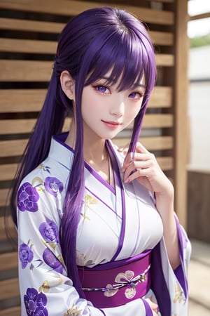 masterpiece, best quality, Busujima Saeko, high definition, solo, (purple eyes:1.3), (purple hair:1.1), (Simply Straight Pony Hair:1.2), (elegant, feminine, sophisticated), (beautiful girl), gorgeous face, gorgeous eyes, detailed face, detailed hands, smile, photorealistic, (asian face:1.2), (hime kimono1.2), (formal kimono:1.2), (tailored kimono and yukata)