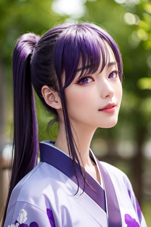 masterpiece, best quality, Busujima Saeko, high definition, solo, (purple eyes:1.3), (purple hair:1.1), (Simply Straight Pony Hair:1.2), (hime kimono1.2), (formal kimono:1.2), (tailored kimono and yukata), (elegant, feminine, sophisticated), (beautiful girl), gorgeous face, gorgeous eyes, detailed face, detailed hands, smile, photorealistic, (asian face:1.2), ,busujima_saeko