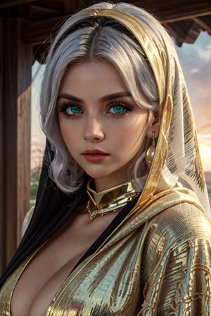  4K UHD, upscaled professional photo, stunningly beautiful woman, A (best quality,4k,8k,highres,masterpiece:1.2),ultra-detailed,highly detailed facial features,extremely detailed eyes and face, longeyelashes, beautiful detailed eyes,beautiful detailed lips,1girl,fantasy,cute,whimsical,soft lighting,pastel colors,warm color palette
 solo_female, ear_rings, tall_girl, tall_female, big_breasts, gold jewelry, ayse_khadim, long arabian clothes, black_robe, veil, green eyes, circlet, park, sunset, standing, nature , masterpiece, best quality, (white hair:1.3), tanned skin,Detailedface