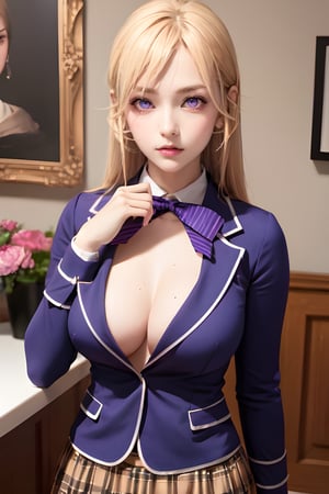 Nakiri Erina, tall body, tall, long legs, mature female, mature, adult, solo, long hair, breasts, looking at viewer, big breasts, upper body, hair between eyes, blond hair, buttons, (masterpiece:1.2), Best quality, a high resolution, unity 8k wallpaper, illustration, (Beautiful detailed purple eyes:1.3), shows a radiant smile, fascinating lighting game, red bow, striped bow,blazer, blue jacket, long sleeves,plaid skirt, brown skirt,black thighhighs