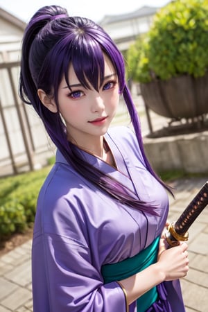 masterpiece, best quality, Busujima Saeko, high definition, solo, (purple eyes:1.3), (purple hair:1.1), (Simply Straight Pony Hair:1.2), (hime kimono1.2), (formal kimono:1.2), (tailored kimono and yukata), (elegant, feminine, sophisticated), (beautiful girl), gorgeous face, gorgeous eyes, detailed face, detailed hands, smile, photorealistic, (asian face:1.2), busujima_saeko, katana in hand, defensive stance with a sword in hand, battoujutsu