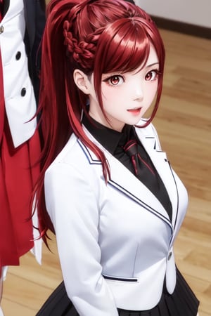 kaede kazama, long hair, bangs, (red eyes:1.3), ponytail, braid, sidelocks, red hair, smile, huge breasts, (joy:1.3)
BREAK (white skirt:1.3), long sleeves, school uniform, necktie, collared shirt, uniform, (black shirt:1.4), (white suit:1.4), blue necktie, (blue tie:1.2)
BREAK indoors, classroom,
BREAK looking at viewer, (cowboy shot:1.3), close-up
BREAK (masterpiece:1.2), best quality, high resolution, unity 8k wallpaper, (illustration:0.8), (beautiful detailed eyes:1.4), extremely detailed face, perfect lighting