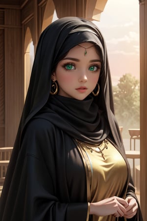  4K UHD, upscaled professional photo, stunningly beautiful woman, A (best quality,4k,8k,highres,masterpiece:1.2),ultra-detailed,highly detailed facial features,extremely detailed eyes and face, longeyelashes, beautiful detailed eyes,beautiful detailed lips,1girl,fantasy,cute,whimsical,soft lighting,pastel colors,warm color palette
 solo_female, ear_rings, tall_girl, tall_female, big_breasts, gold jewelry, ayse_khadim, long arabian clothes, black_robe, veil, green eyes, circlet, park, sunset, standing, nature , masterpiece, best quality, white hair, tanned skin,Detailedface