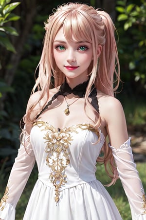 Lexia Von Alceria, Lexia Vaughn Arcelia, long hair, Blonde hair, (green eyes:1.5), ponytail, sweet smile, medium breast, noble atmosphere, Aristocratic dress, dress, bare shoulders, cut off sleeves, White dress, looking at viewer, Whole body, (masterpiece:1.2), Best quality, a high resolution, unity 8k wallpaper, (illustration:0.8), (Beautiful detailed eyes:1.6), very detailed face