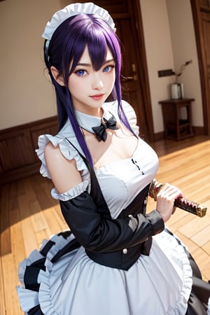 masterpiece, best quality, Busujima Saeko, high definition, solo, (blue eyes:1.3), (black-purple hair:1.1), (Simply Straight Pony Hair:1.2), (elegant, feminine, sophisticated), (beautiful girl), gorgeous face, gorgeous eyes, detailed face, detailed hands, smile, photorealistic, (asian face:1.2), 
Maid_costume, maid_dress, maid_headband, battoujutsu, Battoujutsu (ready to draw sword pose)