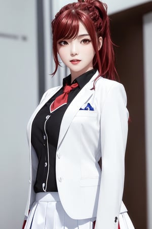 kaede kazama, long hair, bangs, (red eyes:1.3), ponytail, braid, sidelocks, red hair, smile, huge breasts, (joy:1.3)
BREAK (white skirt:1.3), long sleeves, school uniform, necktie, collared shirt, uniform, (black shirt:1.5), (white suit:1.5), blue necktie, (blue tie:1.2)
BREAK indoors, classroom,
BREAK looking at viewer, (cowboy shot:1.5), close-up
BREAK (masterpiece:1.2), best quality, high resolution, unity 8k wallpaper, (illustration:0.8), (beautiful detailed eyes:1.6), extremely detailed face, perfect lighting