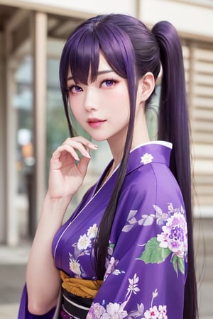 masterpiece, best quality, Busujima Saeko, high definition, solo, (purple eyes:1.3), (purple hair:1.1), (Simply Straight Pony Hair:1.2), (elegant, feminine, sophisticated), (beautiful girl), gorgeous face, gorgeous eyes, detailed face, detailed hands, smile, photorealistic, (asian face:1.2), (hime kimono1.2), (formal kimono:1.2), (tailored kimono and yukata)