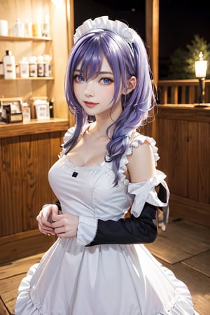 outdoors, night, forrest,1girl, Luna, medium breasts, looking at the viewer, blue eyes, purple hair, maid_costume, (masterpiece:1.2), Best quality, a high resolution, unity 8k wallpaper, (illustration:0.8), (Beautiful detailed eyes:1.6), very detailed face, athletic figure, maid