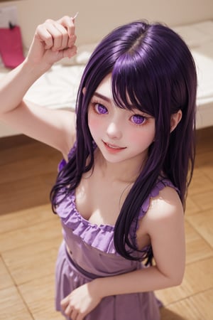 masterpiece, best quality, Hoshino Ai, (purple eyes:1.1), (purple hair:1.2), Hoshino Ai, long hair, smile, dance, from above, looking at viewer, blush, indoors, hoshino ai,1girl