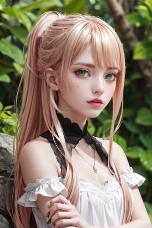 Lexia Von Alceria, Lexia Vaughn Arcelia, Lexia Arcelia, long hair, Blonde hair, (green eyes:1.5), ponytail, Pink hair, BREAK noble atmosphere, Aristocratic dress, dress, bare shoulders, cut off sleeves, White dress, BREAK looking at viewer, Whole body, BREAK outdoors, the forest, nature, BREAK (masterpiece:1.2), Best quality, a high resolution, unity 8k wallpaper, (illustration:0.8), (Beautiful detailed eyes:1.6), very detailed face, perfect lighting, extremely detailed computer graphics, (perfect hands, Ideal Anatomy)