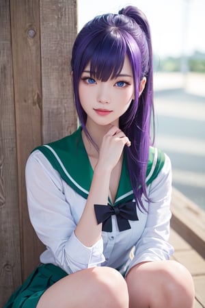 masterpiece, best quality, Busujima Saeko, high definition, solo, (blue eyes:1.3), (purple hair:1.1), (Simply Straight Pony Hair:1.2), (elegant, feminine, sophisticated), (beautiful girl), gorgeous face, gorgeous eyes, detailed face, detailed hands, smile, photorealistic, (asian face:1.2), (school uniform sailor suit, white-green shirt), ((green knee-length skirt))