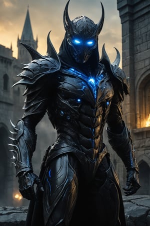 A futuristic super hero stands tall, face covered with a beautiful mask, full-body portrait in polished tree armor with intricate and black accents. Glowing blue eyes pierce through the darkness, illuminating a cityscape at dusk. Craig Mullins and H.R. Giger's character design brings forth a sense of otherworldly strength. Realistic digital painting captures every detail, from the armored suit to the subject's determined pose. Cinematic lighting highlights the hero's figure against a misty blue-gray sky against the backdrop of the fortress wall is a medieval city, as if suspended in mid-air. A 4K resolution masterpiece, this portrait embodies the essence of futuristic super heroism, (boiling black wood material)