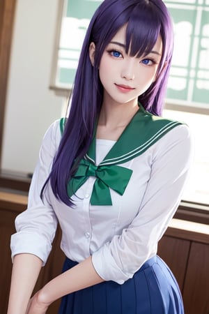 masterpiece, best quality, Busujima Saeko, high definition, solo, (blue eyes:1.3), (purple hair:1.1), (Simply Straight Pony Hair:1.2), (elegant, feminine, sophisticated), (beautiful girl), gorgeous face, gorgeous eyes, detailed face, detailed hands, smile, photorealistic, (asian face:1.2), (school uniform sailor suit, white-green shirt, green knee-length skirt)
