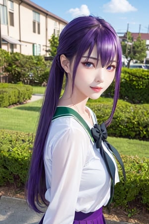 masterpiece, best quality, Busujima Saeko, high definition, solo, (purple eyes:1.3), (purple hair:1.1), (Simply Straight Pony Hair:1.2), (elegant, feminine, sophisticated), (beautiful girl), gorgeous face, gorgeous eyes, detailed face, detailed hands, smile, photorealistic, (asian face:1.2), school uniform, white-green shirt, green knee-length skirt