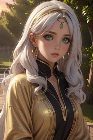  4K UHD, upscaled professional photo, stunningly beautiful woman, A (best quality,4k,8k,highres,masterpiece:1.2),ultra-detailed,highly detailed facial features,extremely detailed eyes and face, longeyelashes, beautiful detailed eyes,beautiful detailed lips,1girl,fantasy,cute,whimsical,soft lighting,pastel colors,warm color palette
 solo_female, ear_rings, tall_girl, tall_female, big_breasts, much gold, ayse_khadim, long arabian clothes, green eyes, circlet, park, sunset, standing, nature , masterpiece, best quality, white hair