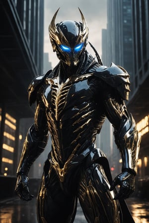 A futuristic super hero stands tall, full-body portrait in polished chrome armor with intricate gold and burgundy accents. Glowing blue eyes pierce through the darkness, illuminating a cityscape at dusk. Craig Mullins and H.R. Giger's character design brings forth a sense of otherworldly strength. Realistic digital painting captures every detail, from the armored suit to the subject's determined pose. Cinematic lighting highlights the hero's figure against a misty blue-gray sky, as if suspended in mid-air. A 4K resolution masterpiece, this portrait embodies the essence of futuristic super heroism, (boiling black wood material) 