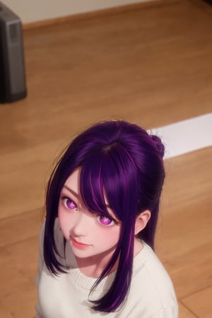 masterpiece, best quality, Hoshino Ai, (purple eyes:1.1), (purple hair:1.2), Hoshino Ai, long hair, smile, dance, from above, looking at viewer, blush, indoors, hoshino ai