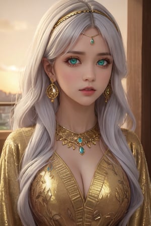  4K UHD, upscaled professional photo, stunningly beautiful woman, A (best quality,4k,8k,highres,masterpiece:1.2),ultra-detailed,highly detailed facial features,extremely detailed eyes and face, longeyelashes, beautiful detailed eyes,beautiful detailed lips,1girl,fantasy,cute,whimsical,soft lighting,pastel colors,warm color palette
 solo_female, ear_rings, tall_girl, tall_female, big_breasts, much gold, ayse_khadim, long arabian clothes, green eyes, circlet, park, sunset, standing, nature , masterpiece, best quality, white hair