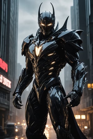 A futuristic super hero stands tall, full-body portrait in polished chrome armor with intricate gold and burgundy accents. Glowing blue eyes pierce through the darkness, illuminating a cityscape at dusk. Craig Mullins and H.R. Giger's character design brings forth a sense of otherworldly strength. Realistic digital painting captures every detail, from the armored suit to the subject's determined pose. Cinematic lighting highlights the hero's figure against a misty blue-gray sky, as if suspended in mid-air. A 4K resolution masterpiece, this portrait embodies the essence of futuristic super heroism, (boiling black wood material) 