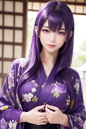 masterpiece, best quality, Busujima Saeko, high definition, solo, (purple eyes:1.3), (purple hair:1.1), (Simply Straight Pony Hair:1.2), (elegant, feminine, sophisticated), (beautiful girl), gorgeous face, gorgeous eyes, detailed face, detailed hands, smile, photorealistic, (asian face:1.2), (hime kimono1.2), (formal kimono:1.2), (tailored kimono and yukata)