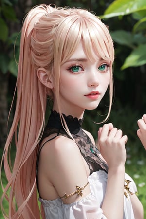 Lexia Von Alceria, Lexia Vaughn Arcelia, Lexia Arcelia, long hair, Blonde hair, (green eyes:1.5), ponytail, Pink hair, BREAK noble atmosphere, Aristocratic dress, dress, bare shoulders, cut off sleeves, White dress, BREAK looking at viewer, Whole body, BREAK outdoors, the forest, nature, BREAK (masterpiece:1.2), Best quality, a high resolution, unity 8k wallpaper, (illustration:0.8), (Beautiful detailed eyes:1.6), very detailed face, perfect lighting, extremely detailed computer graphics, (perfect hands, Ideal Anatomy)