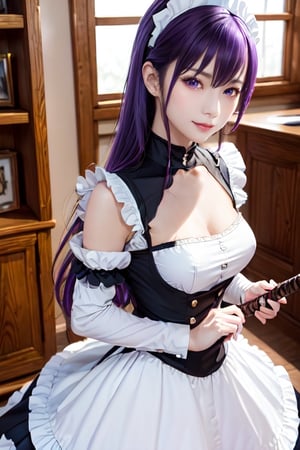 masterpiece, best quality, Busujima Saeko, high definition, solo, (purple eyes:1.3), (purple hair:1.1), (Simply Straight Pony Hair:1.2), (elegant, feminine, sophisticated), (beautiful girl), gorgeous face, gorgeous eyes, detailed face, detailed hands, smile, photorealistic, (asian face:1.2), busujima_saeko, katana in hand, defensive stance with a sword in hand, battoujutsu, ((maid_dress)),Maria_VMV2,Maid_Dress,maid, maid costume