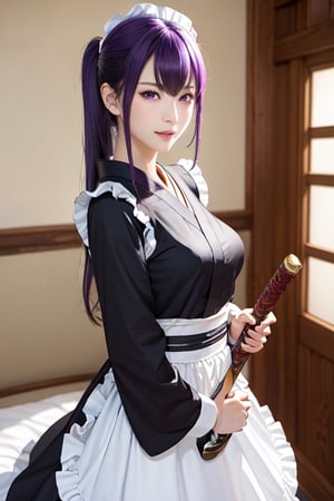 masterpiece, best quality, Busujima Saeko, high definition, solo, (purple eyes:1.3), (purple hair:1.1), (Simply Straight Pony Hair:1.2), (hime kimono1.2), (formal kimono:1.2), (tailored kimono and yukata), (elegant, feminine, sophisticated), (beautiful girl), gorgeous face, gorgeous eyes, detailed face, detailed hands, smile, photorealistic, (asian face:1.2), busujima_saeko, katana in hand, defensive stance with a sword in hand, battoujutsu, ((maid_dress))