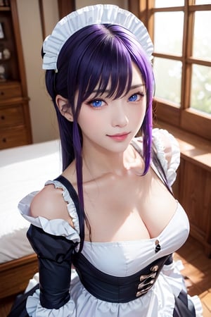 masterpiece, best quality, Busujima Saeko, high definition, solo, (blue eyes:1.3), (black-purple hair:1.1), (Simply Straight Pony Hair:1.2), (elegant, feminine, sophisticated), (beautiful girl), gorgeous face, gorgeous eyes, detailed face, detailed hands, smile, photorealistic, (asian face:1.2), 
Maid_costume, maid_dress, maid_headband