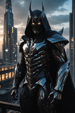 A futuristic super hero stands tall, full-body portrait in polished chrome armor with intricate gold and burgundy accents. Glowing blue eyes pierce through the darkness, illuminating a cityscape at dusk. Craig Mullins and H.R. Giger's character design brings forth a sense of otherworldly strength. Realistic digital painting captures every detail, from the armored suit to the subject's determined pose. Cinematic lighting highlights the hero's figure against a misty blue-gray sky, as if suspended in mid-air. A 4K resolution masterpiece, this portrait embodies the essence of futuristic super heroism, (boiling black wood material), a cloak with a hood is put on top 