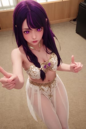 masterpiece, best quality, Hoshino Ai, (purple eyes:1.1), (purple hair:1.2), Hoshino Ai, long hair, Oriental dancer costume, a lot of transparent fabric, dance, from above, looking at viewer, blush, indoors, hoshino ai