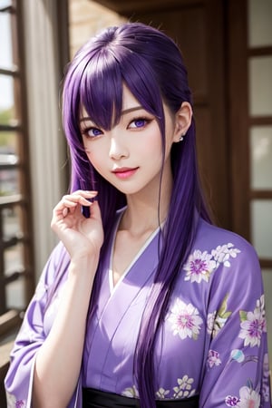 masterpiece, best quality, Busujima Saeko, high definition, solo, (purple eyes:1.3), (purple hair:1.1), (Simply Straight Pony Hair:1.2), (hime kimono1.2), (formal kimono:1.2), (tailored kimono and yukata), (elegant, feminine, sophisticated), (beautiful girl), gorgeous face, gorgeous eyes, detailed face, detailed hands, smile, photorealistic, (asian face:1.2), ,busujima_saeko