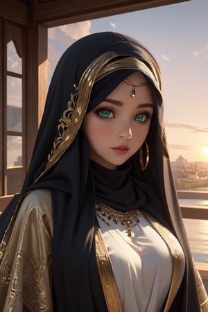  4K UHD, upscaled professional photo, stunningly beautiful woman, A (best quality,4k,8k,highres,masterpiece:1.2),ultra-detailed,highly detailed facial features,extremely detailed eyes and face, longeyelashes, beautiful detailed eyes,beautiful detailed lips,1girl,fantasy,cute,whimsical,soft lighting,pastel colors,warm color palette
 solo_female, ear_rings, tall_girl, tall_female, big_breasts, gold jewelry, ayse_khadim, long arabian clothes, black_robe, veil, green eyes, circlet, park, sunset, standing, nature , masterpiece, best quality, white hair