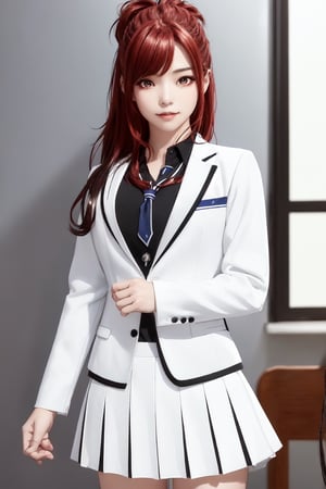 kaede kazama, long hair, bangs, (red eyes:1.3), ponytail, braid, sidelocks, red hair, smile, huge breasts, (joy:1.3)
BREAK (white skirt:1.3), long sleeves, school uniform, necktie, collared shirt, uniform, (black shirt:1.5), (white suit:1.5), blue necktie, (blue tie:1.2)
BREAK indoors, classroom,
BREAK looking at viewer, (cowboy shot:1.5),
BREAK (masterpiece:1.2), best quality, high resolution, unity 8k wallpaper, (illustration:0.8), (beautiful detailed eyes:1.6), extremely detailed face, perfect lighting